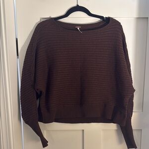 Free People Brown Crew Neck Sweater with Ribbed Texture